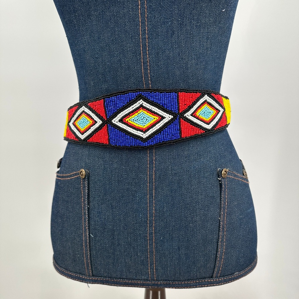 Vintage Beaded Boho Festival Waist Belt Multicolor Geometric Hippie Hook Closure